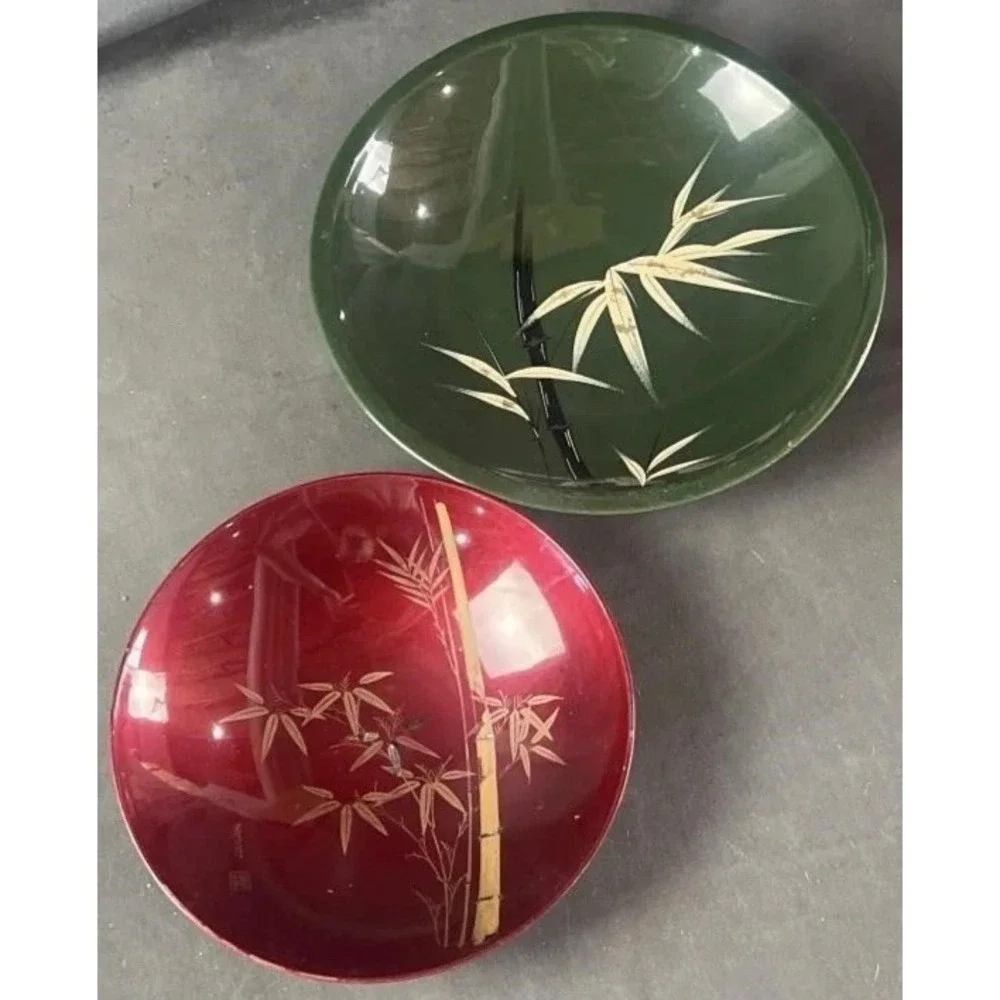 Vintage Japanese Lacquerware 1 Red 1 Green & Gold Hand Painted Bamboo Bowls 9.5